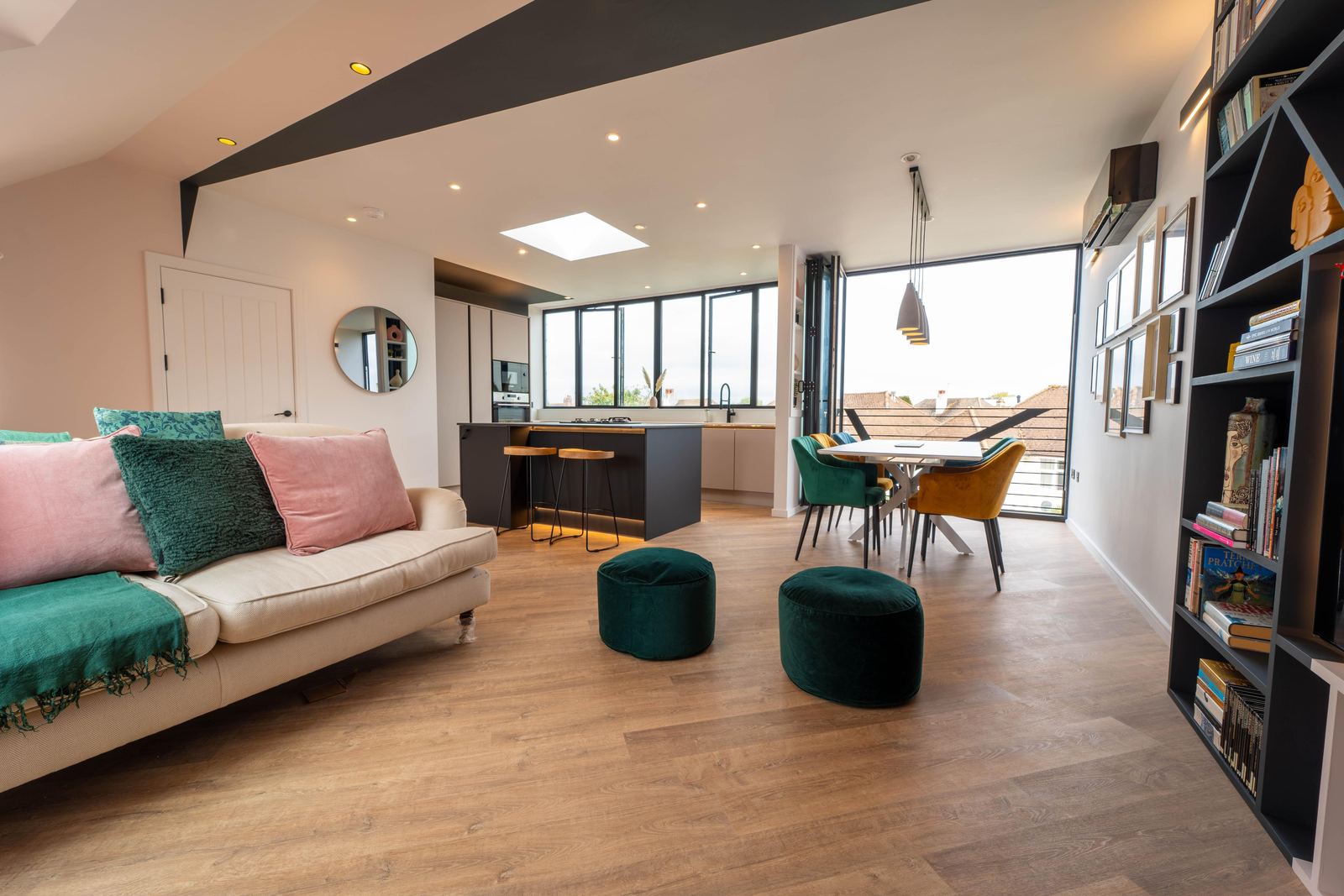 Open plan living, dining and kitchen space after a full renovation